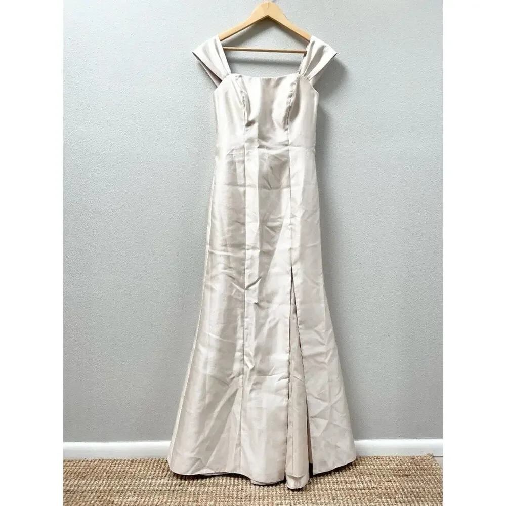 ALFRED SUNG Off-Shoulder Satin Maxi Gown in Champagne - Picture 5 of 9
